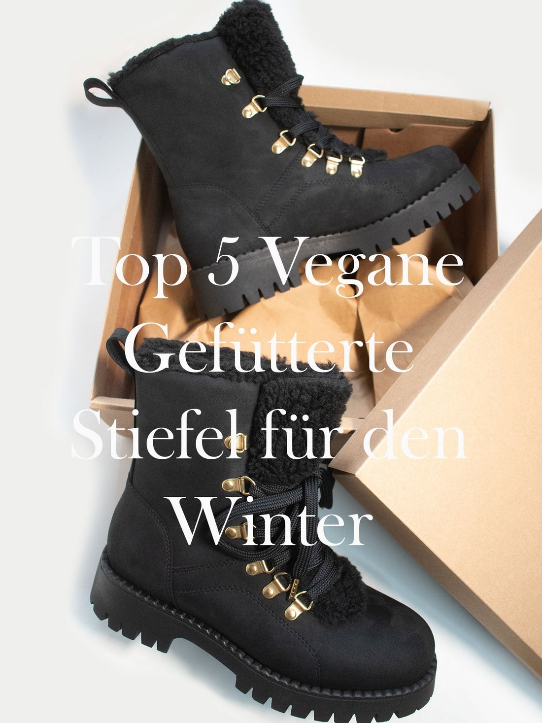 Schwarze vegane gefütterte Winterstiefel mit Kunstfellfutter in einem Schuhkarton – Top 5 Vegane Gefütterte Stiefel für den Winter