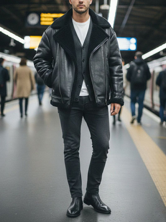 Übergroße Aviator-Jacke aus recyceltem veganem Shearling | Vegane Lederjacken