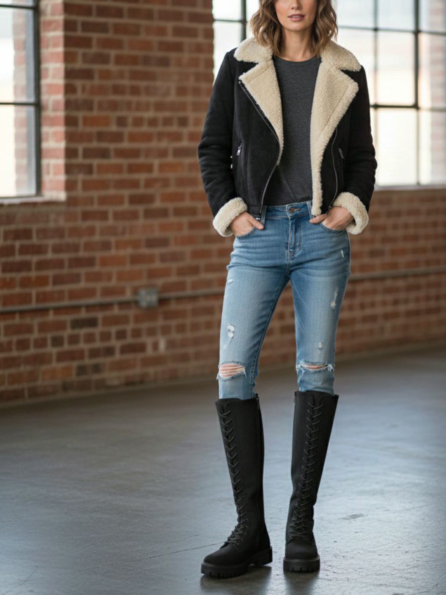 Recycelte Vegane Shearling Moto Jacke