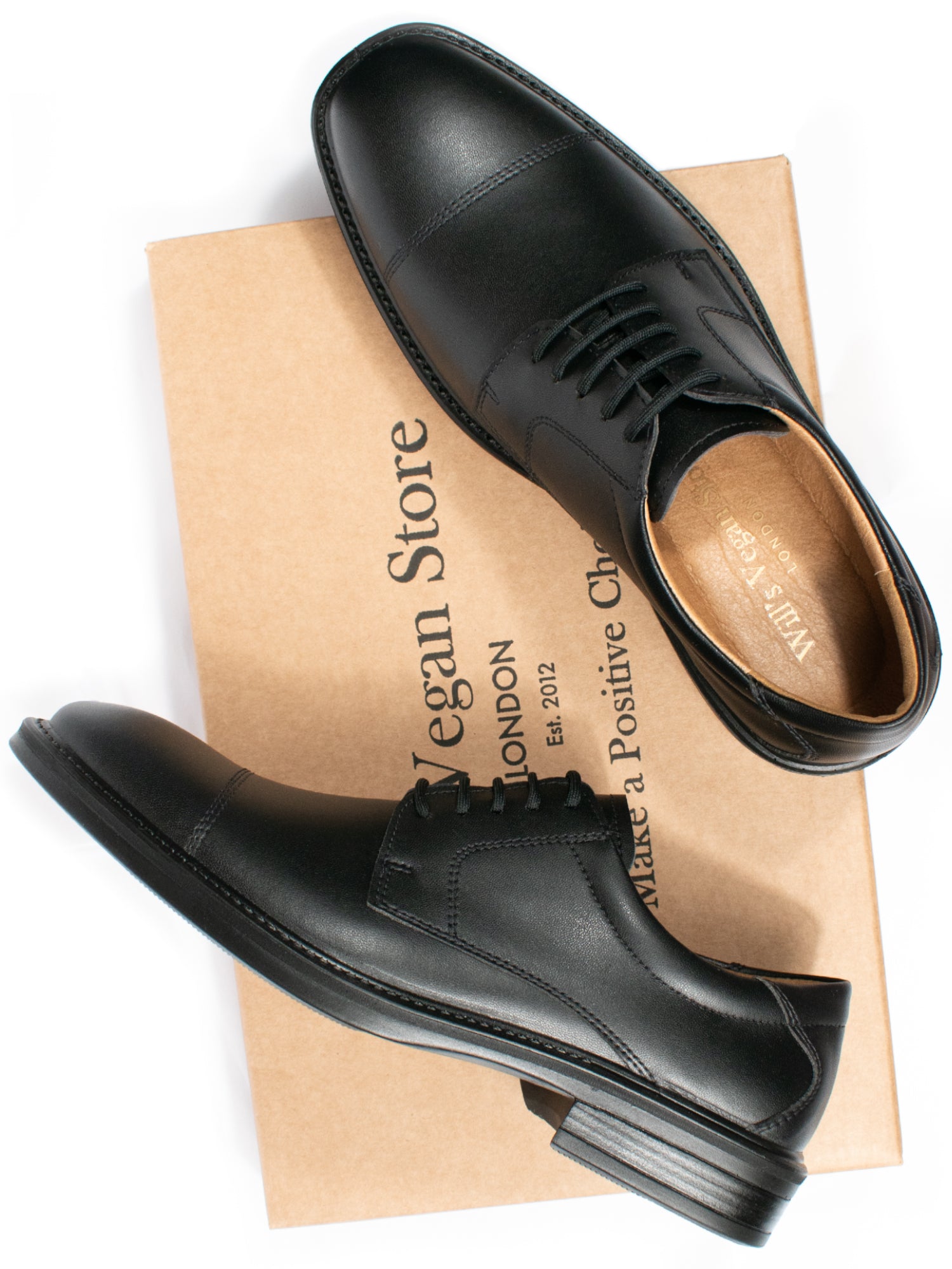 Schwarze vegane wasserdichte Derby-Schuhe auf WVS-Box – eckige Spitze, biobasiertes veganes Leder, hergestellt in Portugal