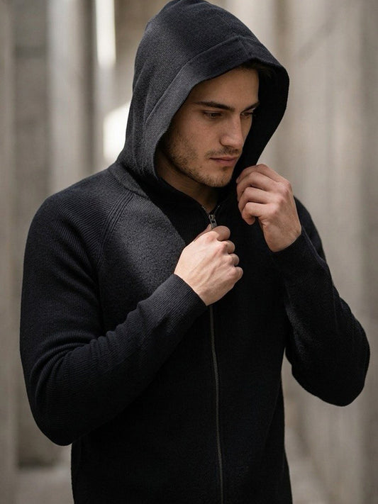 Recycelter Kapuzenstrickpullover mit Reißverschluss