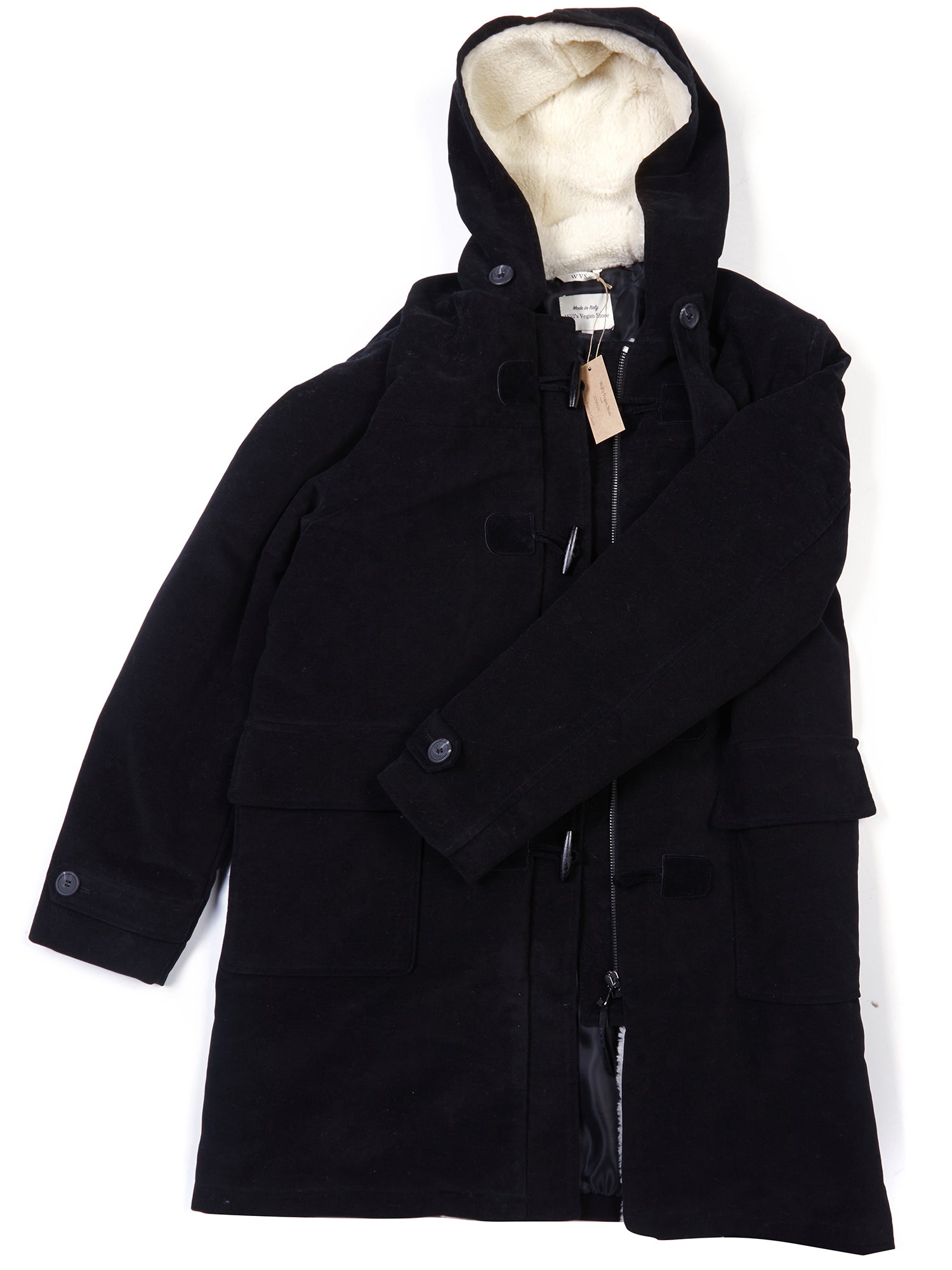 Duffle Coat aus veganer Wolle mit recyceltem veganem Shearling